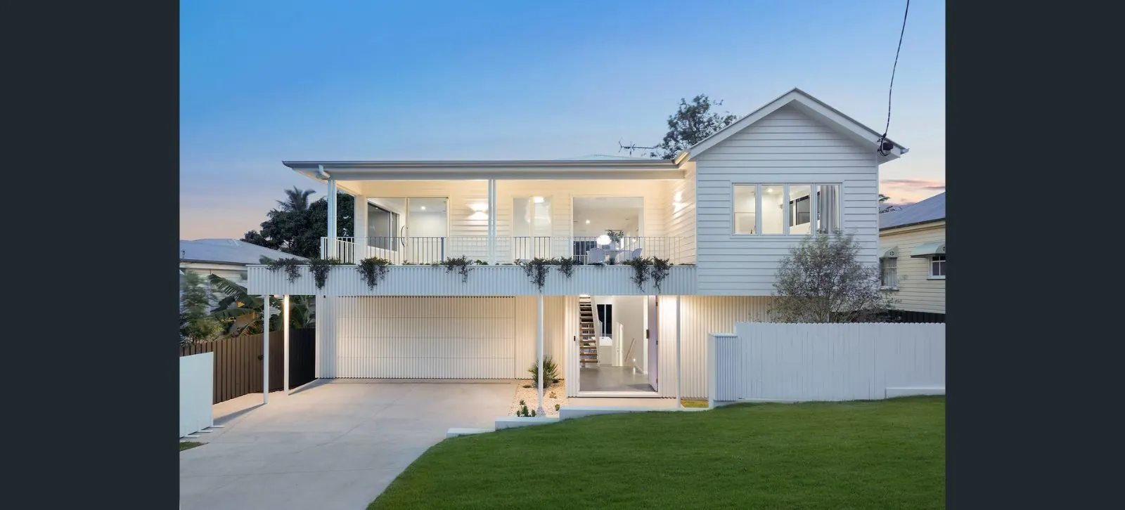 Honed concrete driveway at a renovated Queenslander home Brisbane