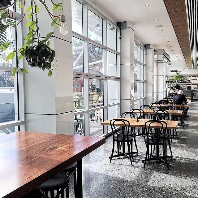 Cafe seating beside full height windows on a polished concrete floor at Murray Art Museum Albury