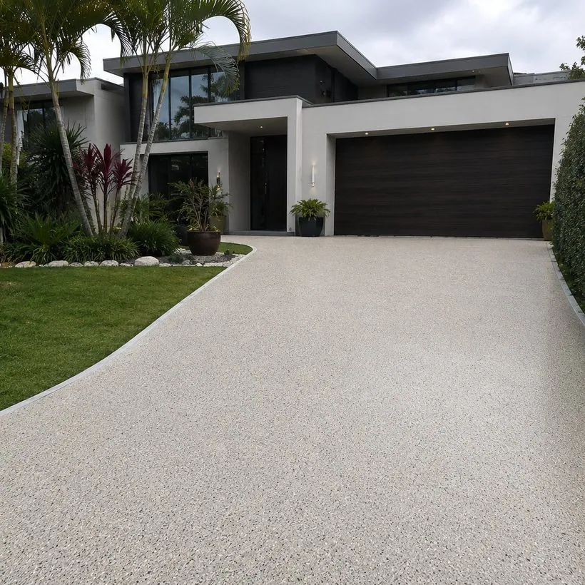 Honed exposed-aggregate concrete driveway at a modern Gold Coast home