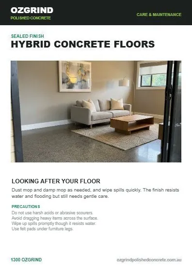 Hybrid Concrete Floors care instructions guide front page
