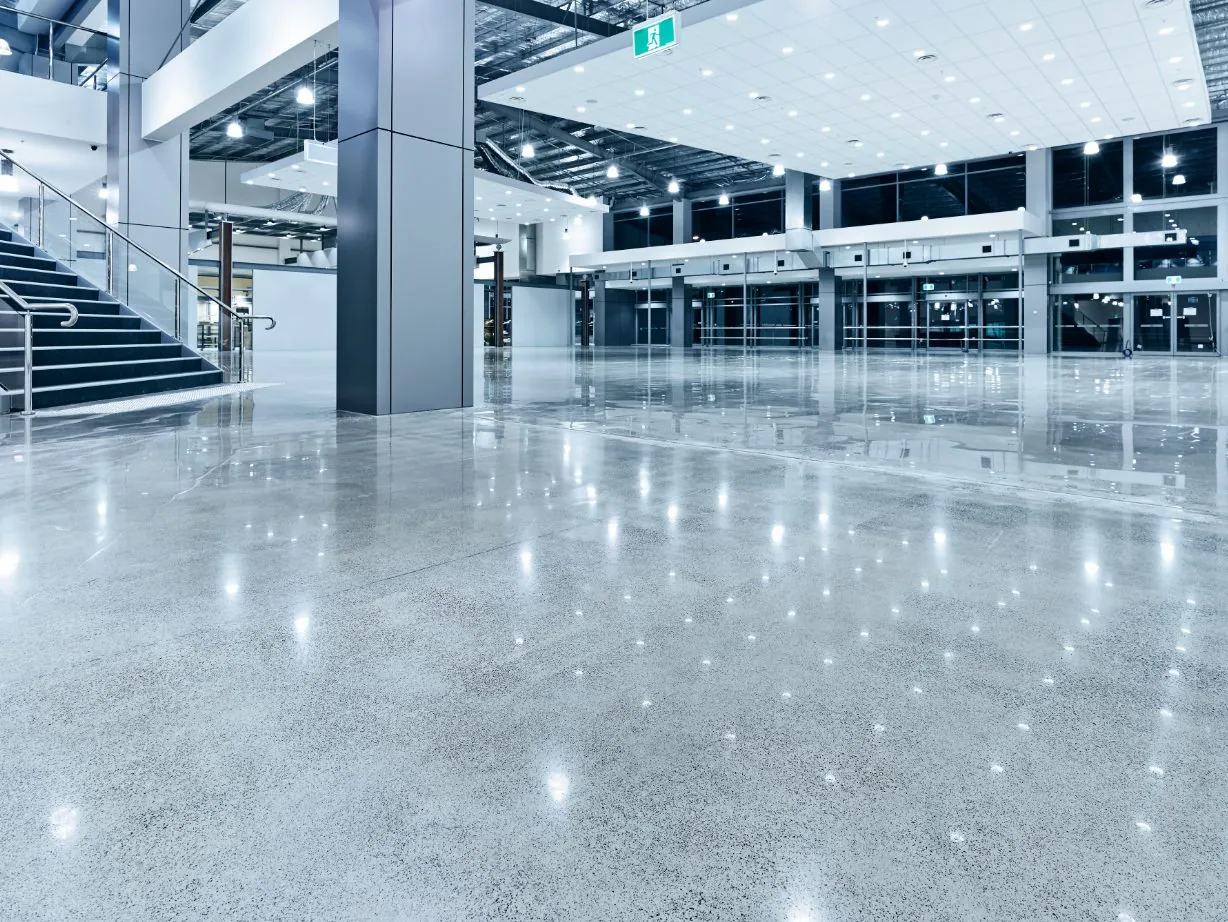 Mirror-gloss polished concrete floor in a commercial foyer, Brisbane