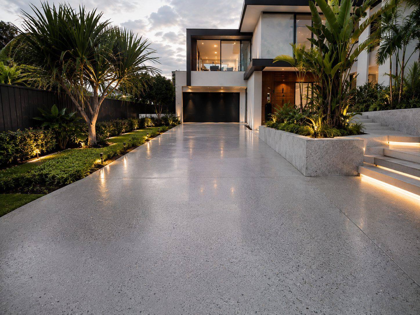 Driveway resurfacing Brisbane, honed concrete driveway at dusk with landscape lighting by OzGrind