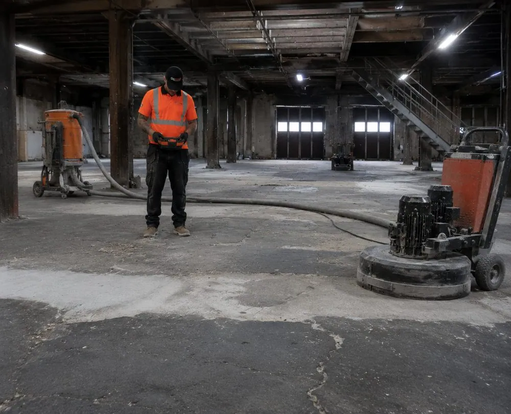 Concrete grinding and floor preparation in a Brisbane warehouse