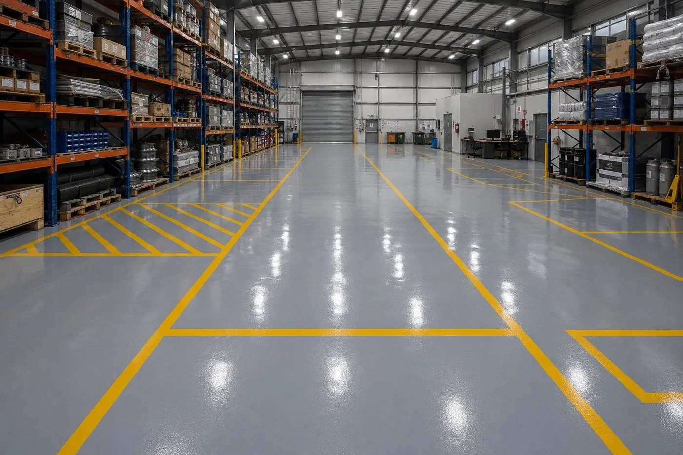 Epoxy flooring with safety line marking in a Gold Coast warehouse