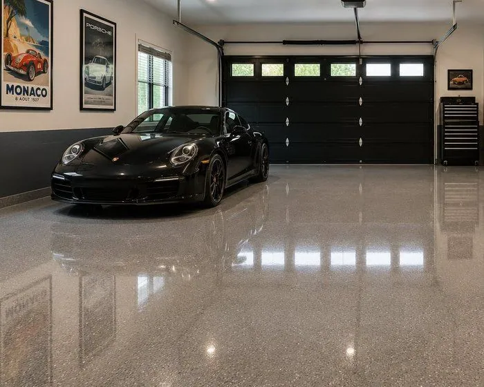 Flake epoxy garage floor Brisbane Grey flake epoxy garage floor with a sports car in a Brisbane garage