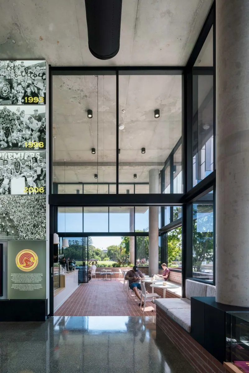 Grind and seal concrete floor by the memorabilia window display at the Brisbane Broncos Clive Berghofer Centre, Red Hill