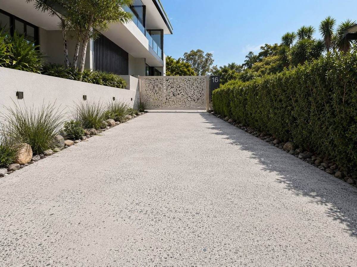 Honed exposed-aggregate concrete driveway at a modern Brisbane home