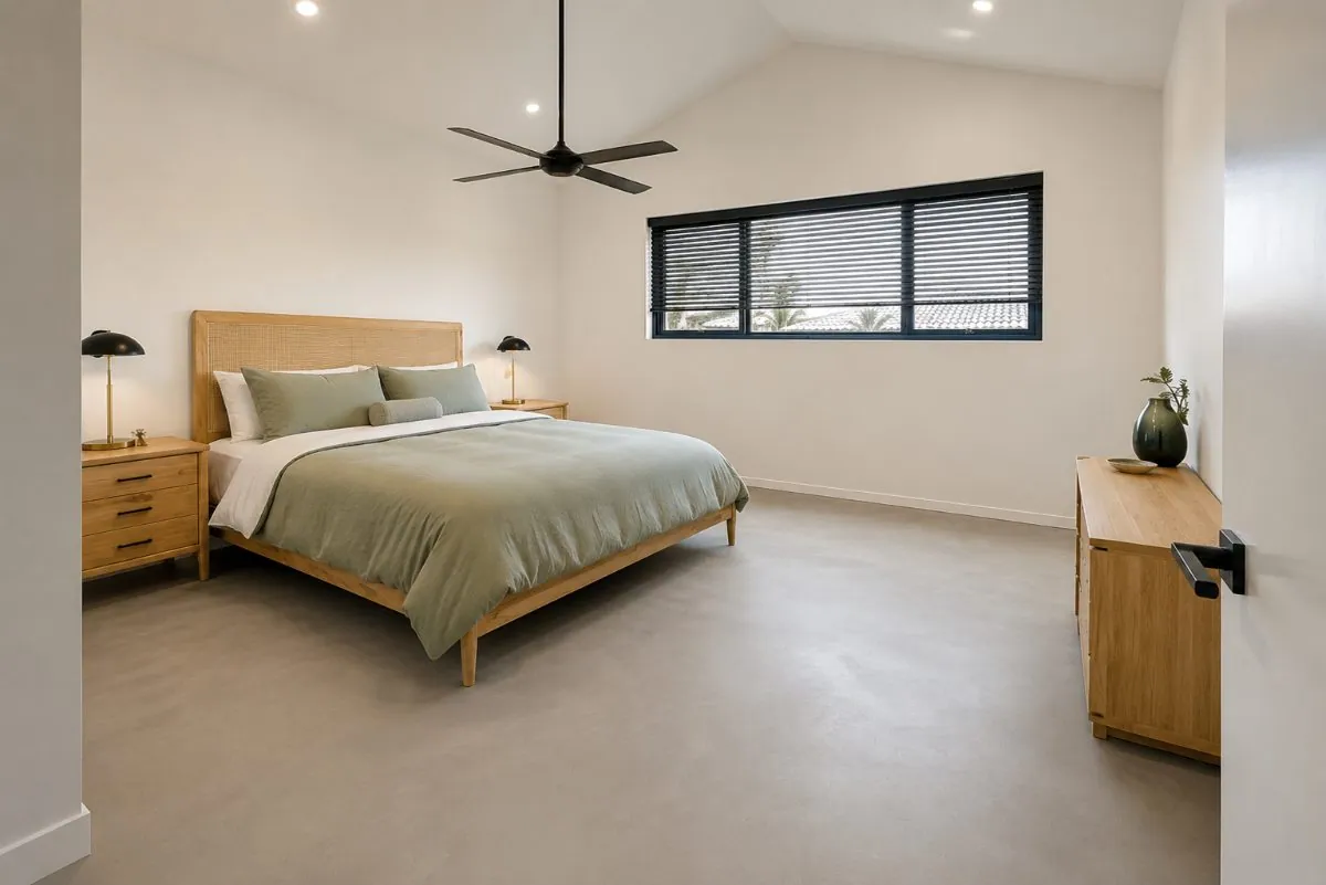 Soft grey micro cement concrete overlay floor in a calm Brisbane bedroom with timber furniture and a green bed