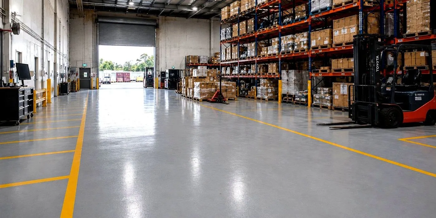 Epoxy floor with yellow line marking in a Brisbane warehouse aisle with forklift