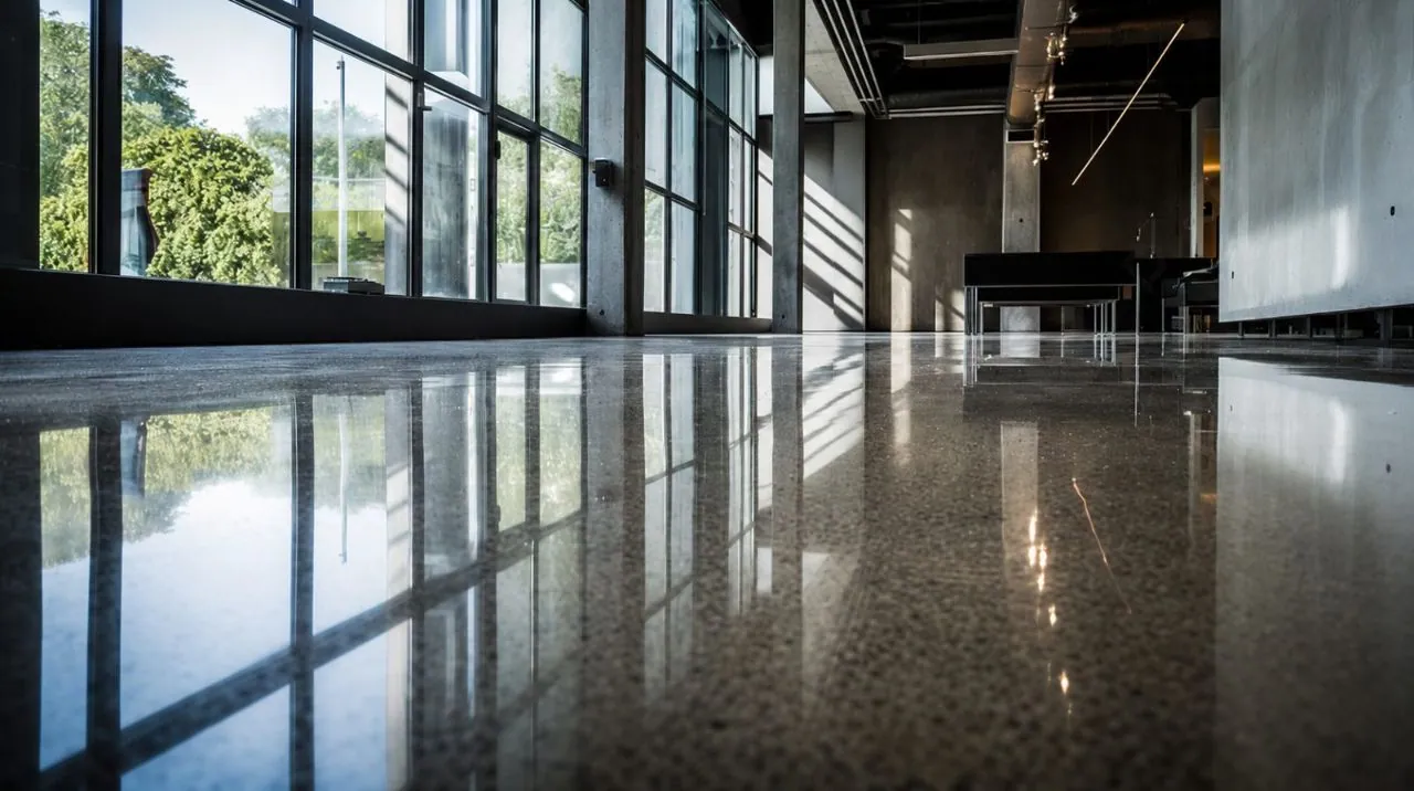 MPC high-gloss polished concrete reflecting light in a commercial space