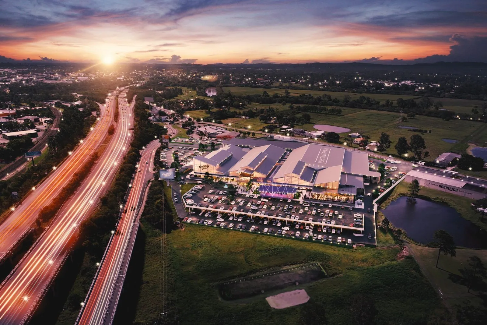 Aerial view at sunset of the Zarraffas Coffee Distillery Road Market roastery and head office, an OzGrind polished concrete project, Brisbane