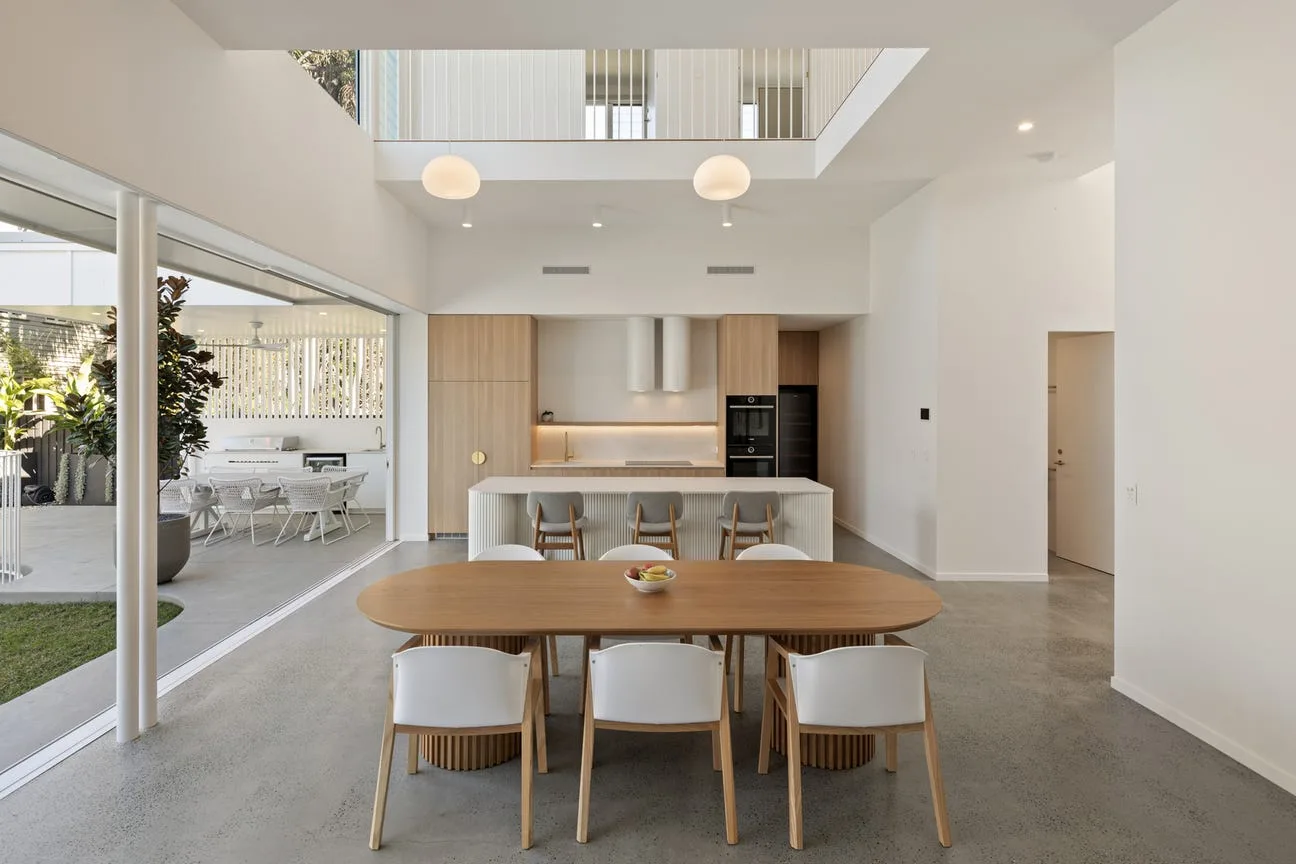 Polished concrete floor in an open-plan Brisbane kitchen and dining room