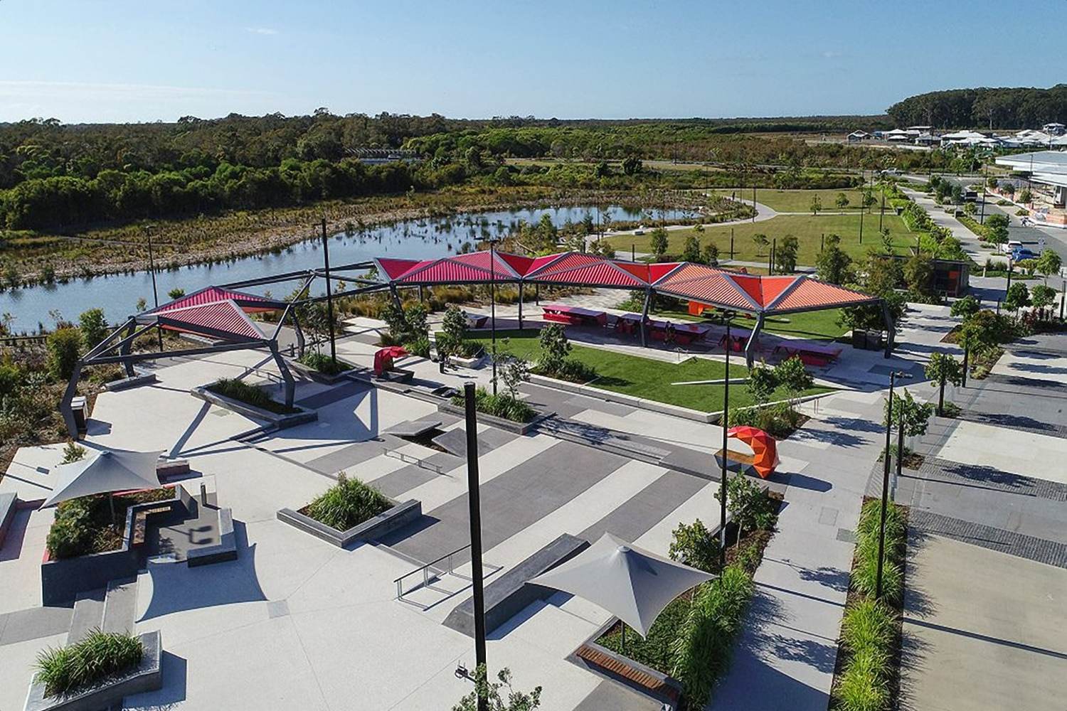 Commercial honed concrete plaza and pathways at Baringa Town Centre, Sunshine Coast