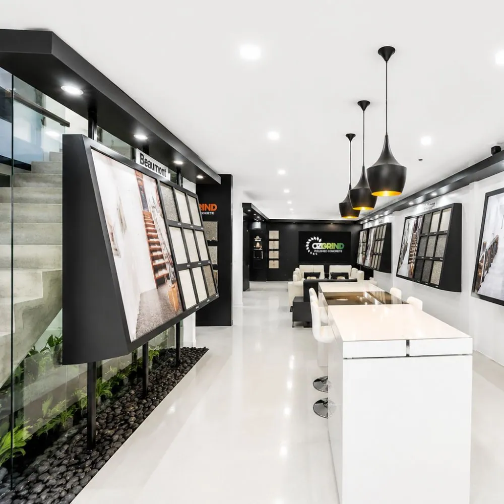 OzGrind concrete flooring showroom in Brisbane with finish samples