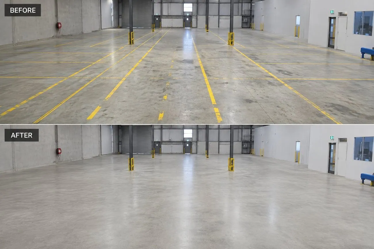 Before and after warehouse line marking removal during a make good