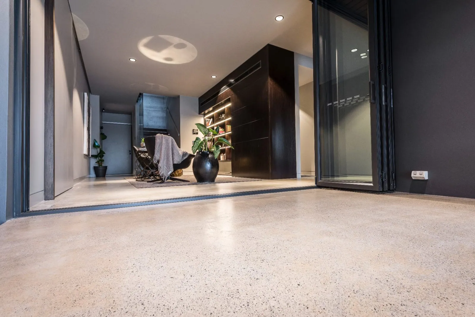 Nil exposure matte polished concrete floor in an architecturally designed home on Molonga Terrace, Graceville Brisbane (4)