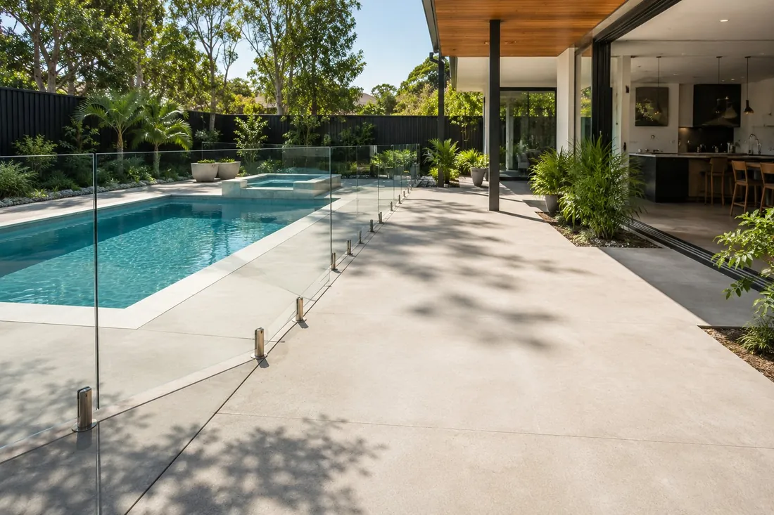 Honed concrete pool surround with glass fencing at a modern Brisbane home