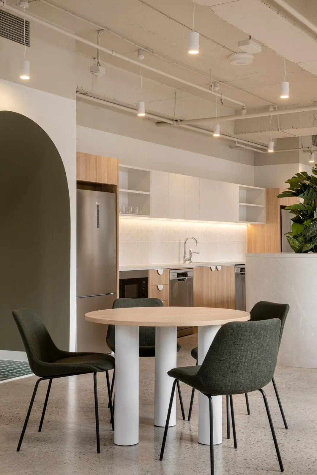 Polished concrete floor in a Brisbane office kitchen and breakout area