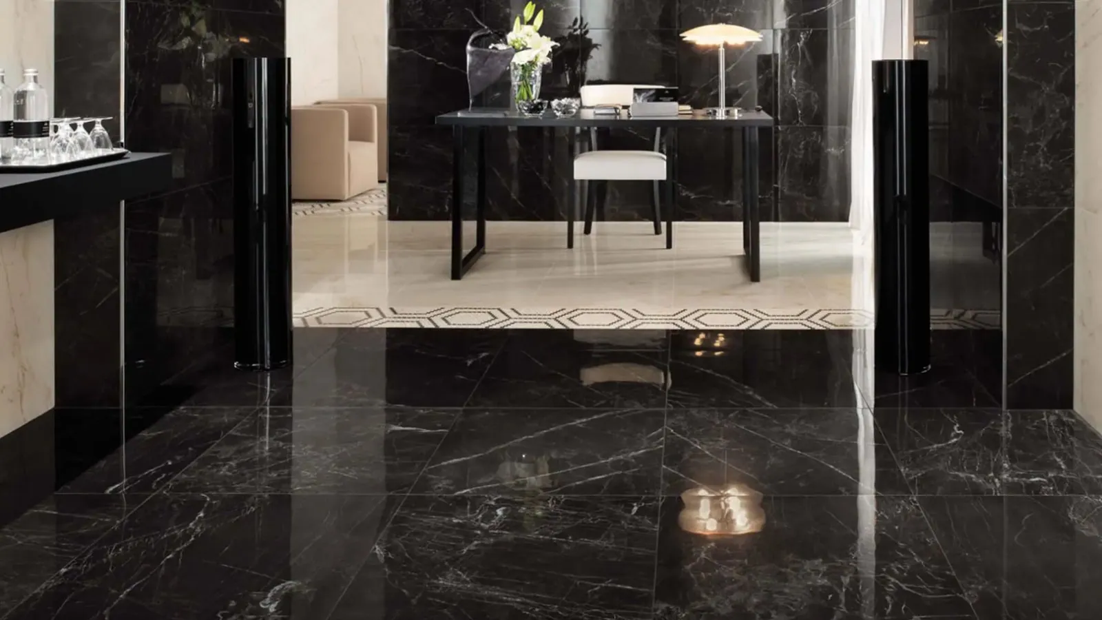 Restored black marble floor in a Brisbane commercial interior