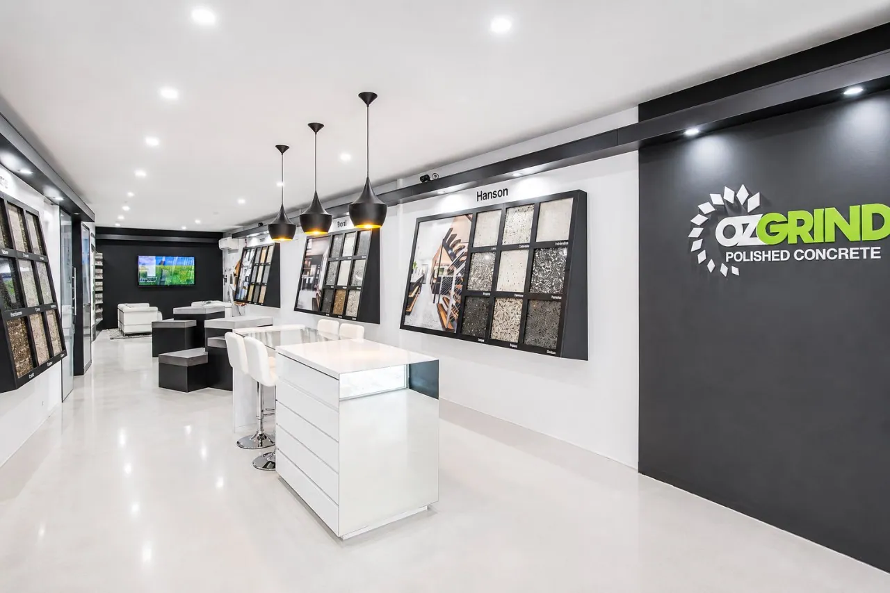 OzGrind showroom display island with polished concrete finish samples, Brisbane