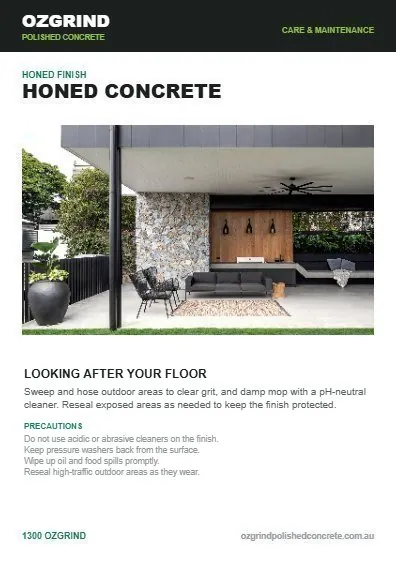 Honed Concrete care instructions guide front page
