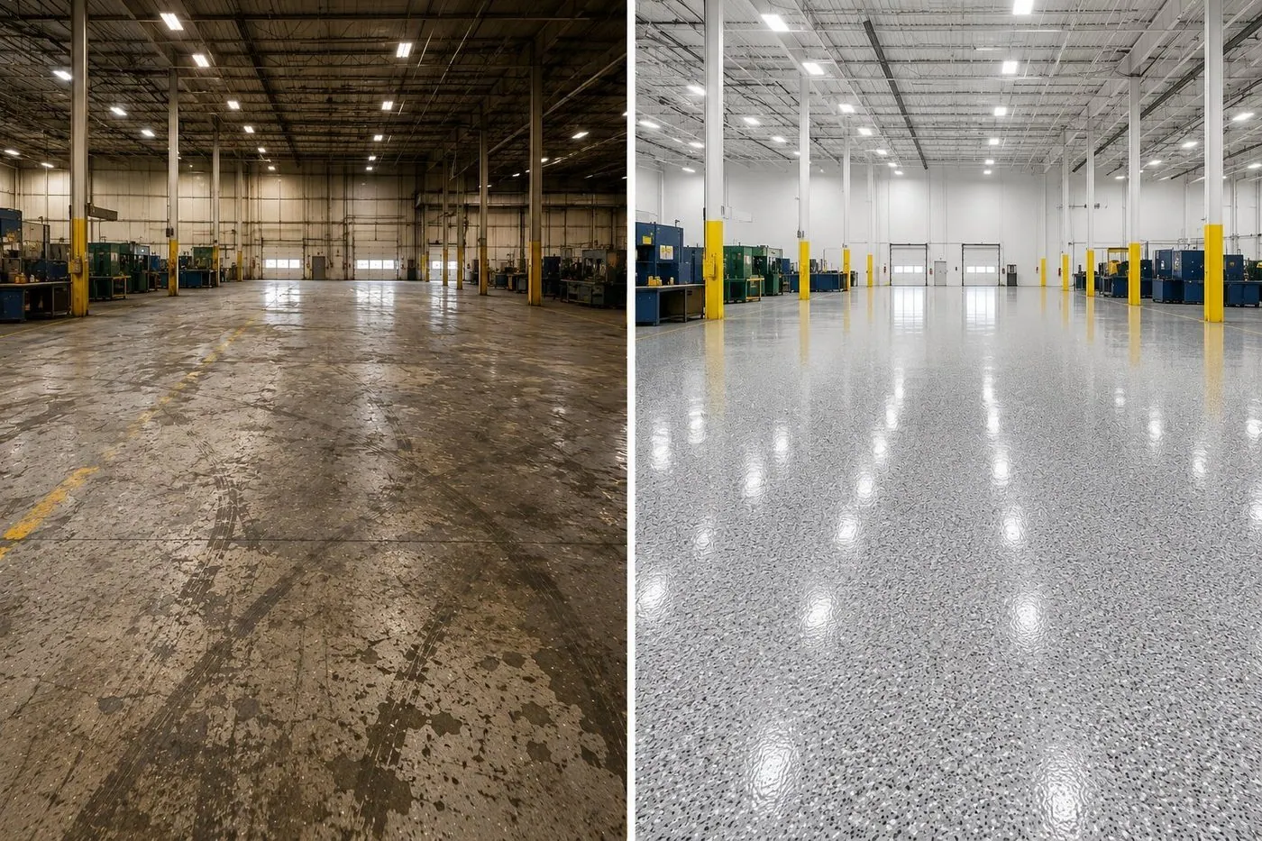 Before and after commercial epoxy flake floor factory make good in Brisbane Before and after commercial epoxy flake floor factory make good in Brisbane