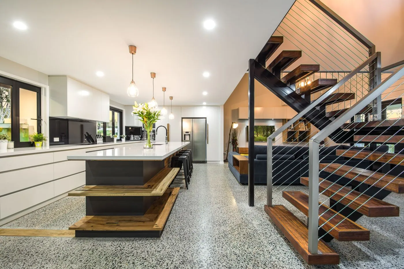 Polished concrete floor in a Brisbane home kitchen