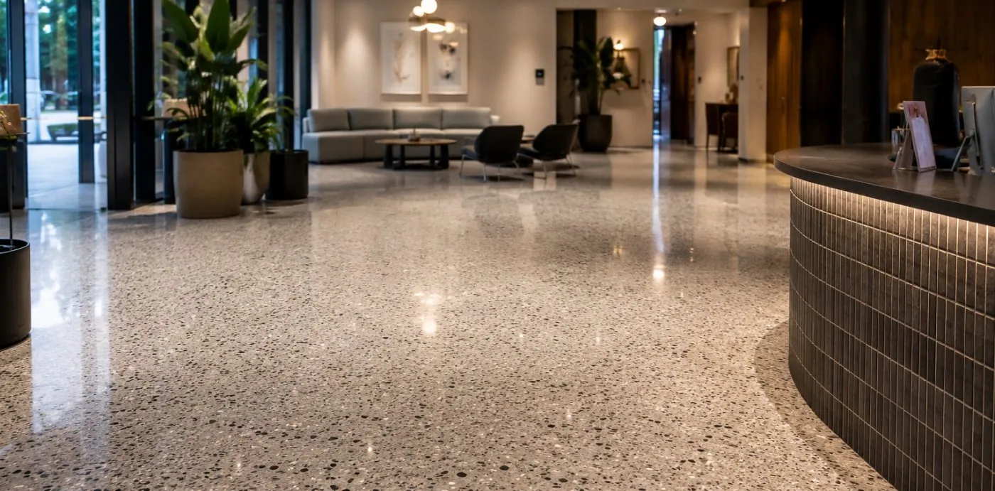 Polished terrazzo floor in a commercial foyer Brisbane
