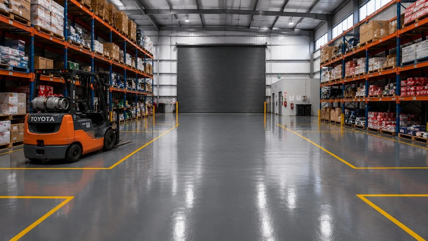 Epoxy flooring with yellow line marking in a large Toowoomba warehouse