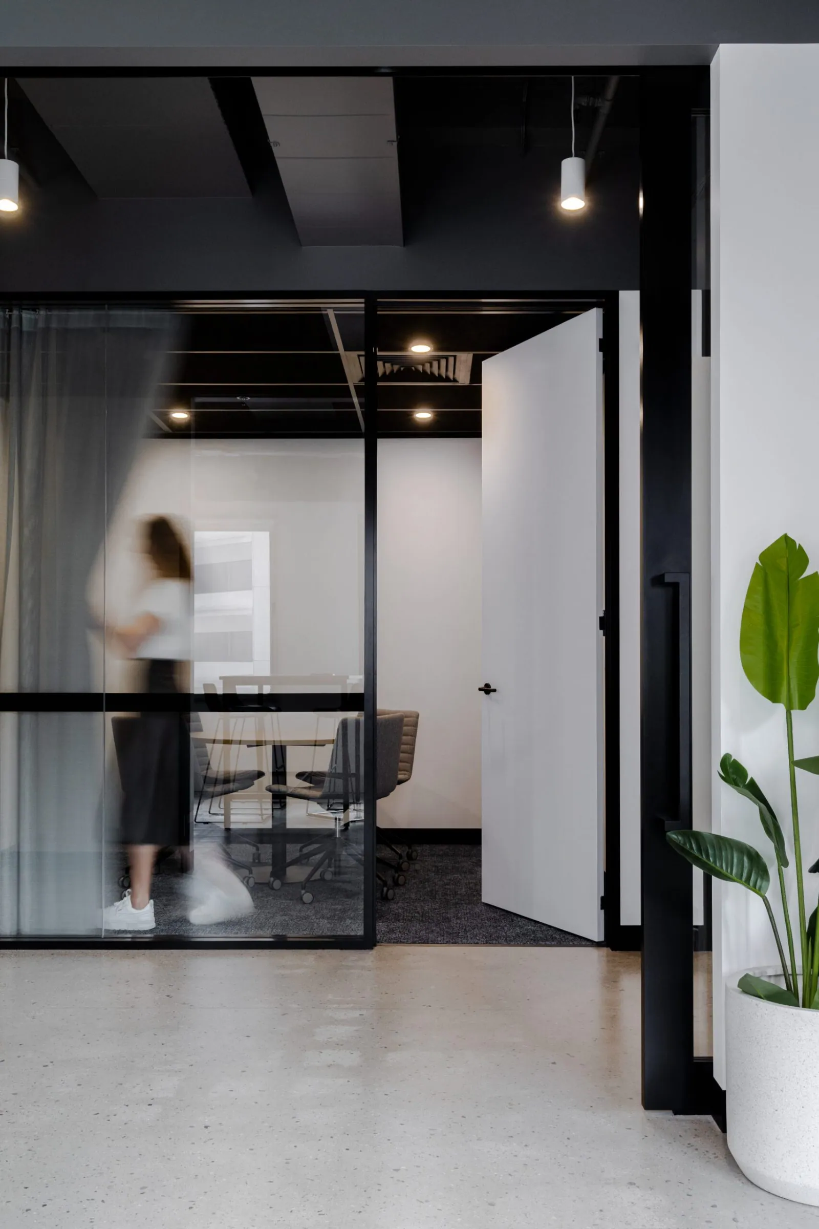 Grind and seal polished concrete floor in a glass meeting room and indoor plant at the Archway commercial office fit-out, Brisbane
