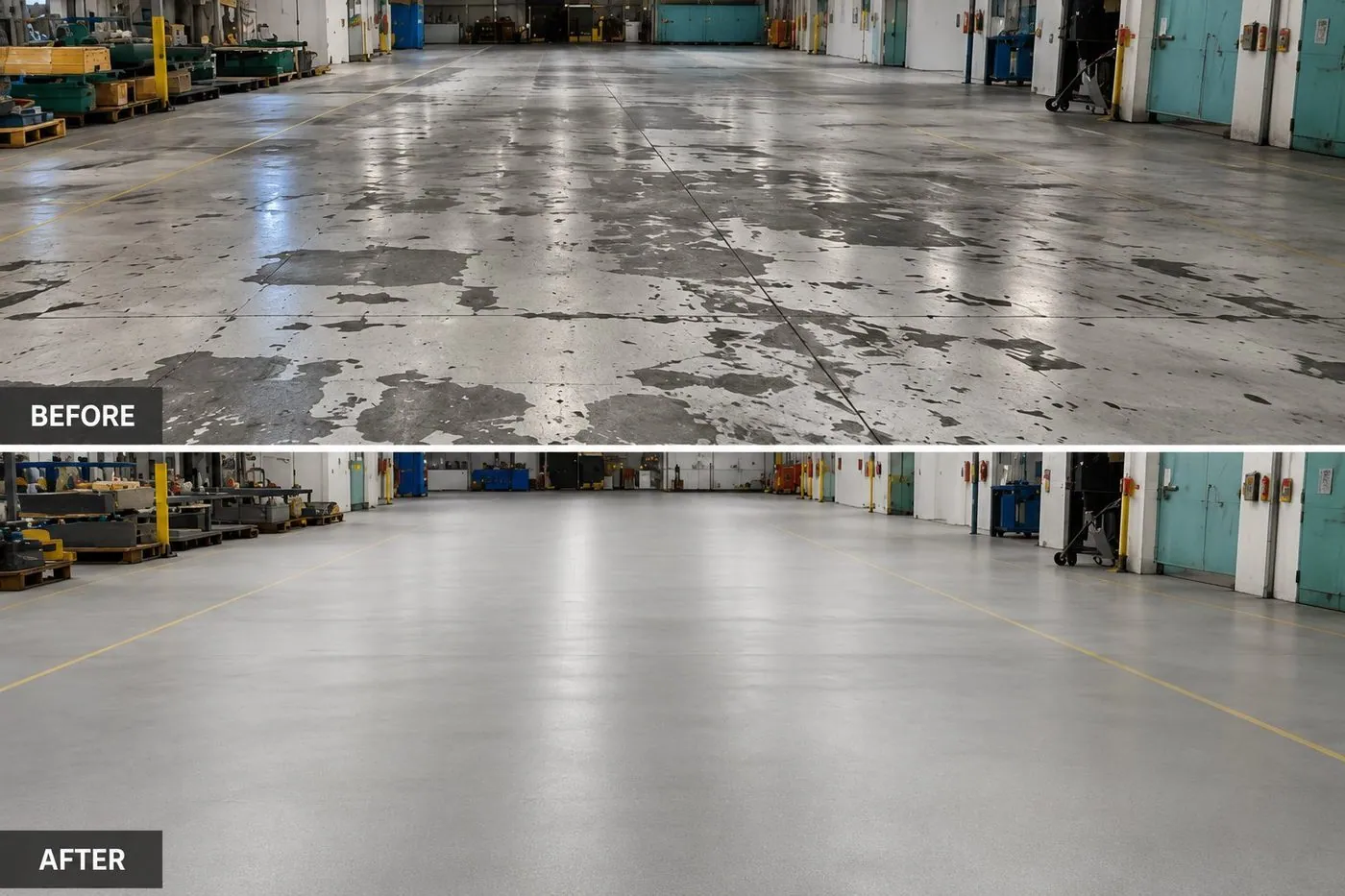 Before and after of a warehouse and factory floor refurbishment in Brisbane