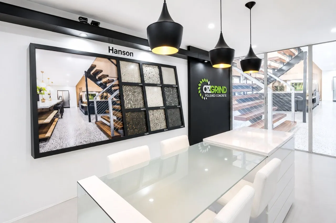 OzGrind showroom consultation table and concrete sample display, Brisbane