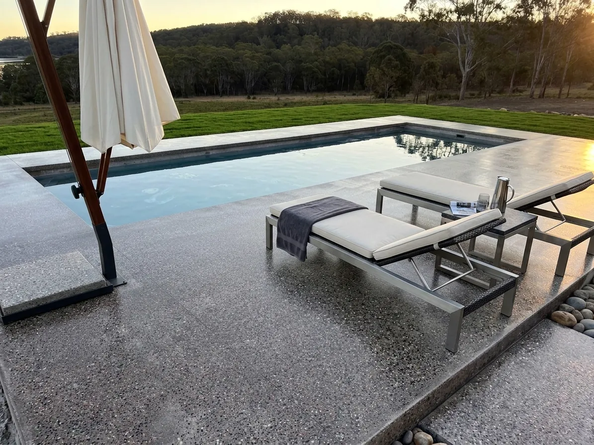 Honed concrete pool surround with sun loungers in Queensland