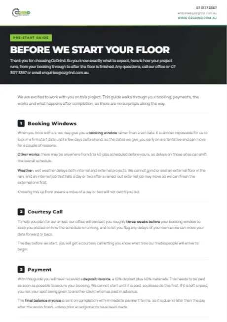 OzGrind Pre-Start Guide cover, polished concrete process and disclaimer document for builders