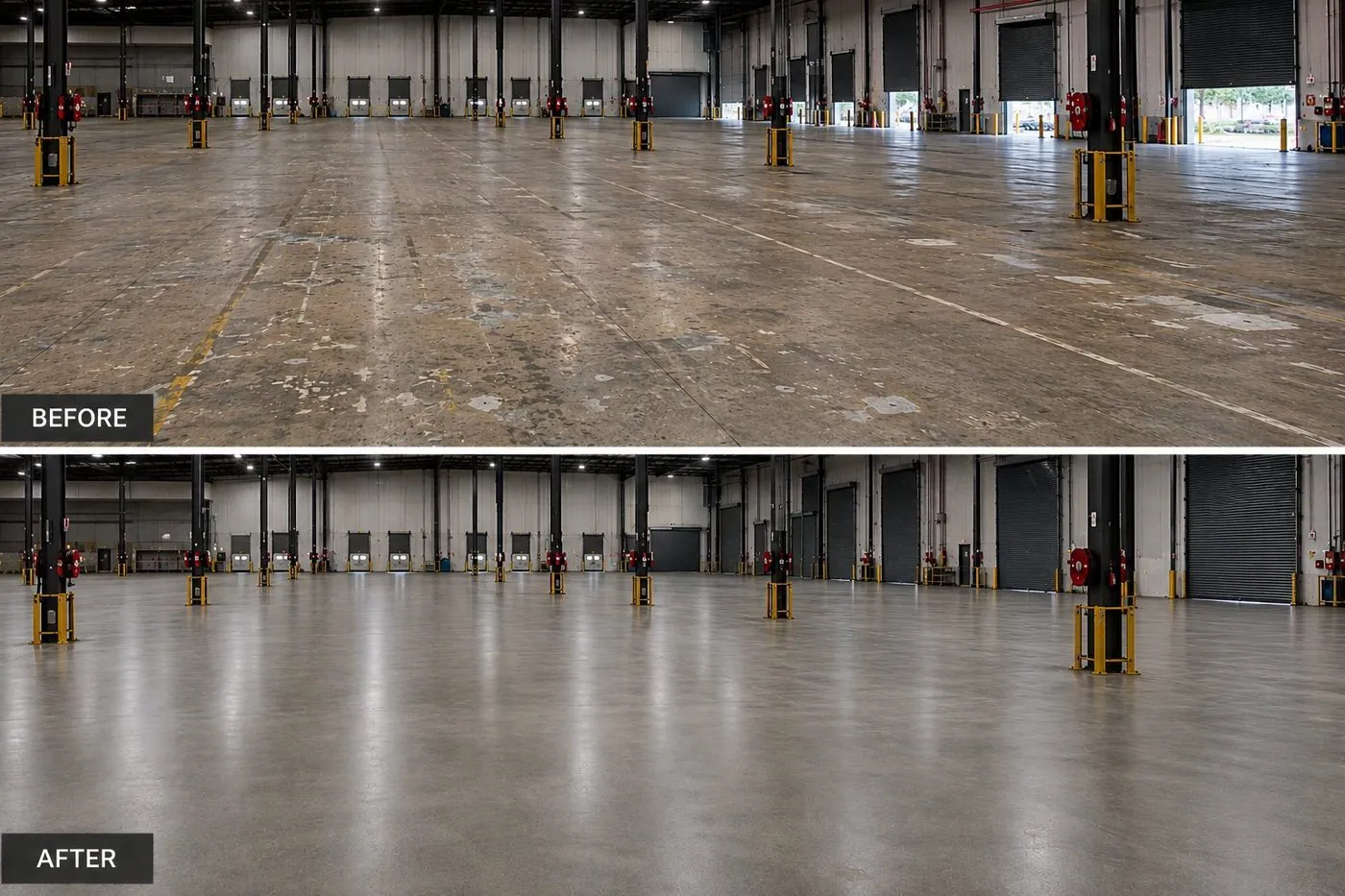 Before and after end of lease warehouse floor make good in Brisbane Before and after end of lease warehouse floor make good in Brisbane