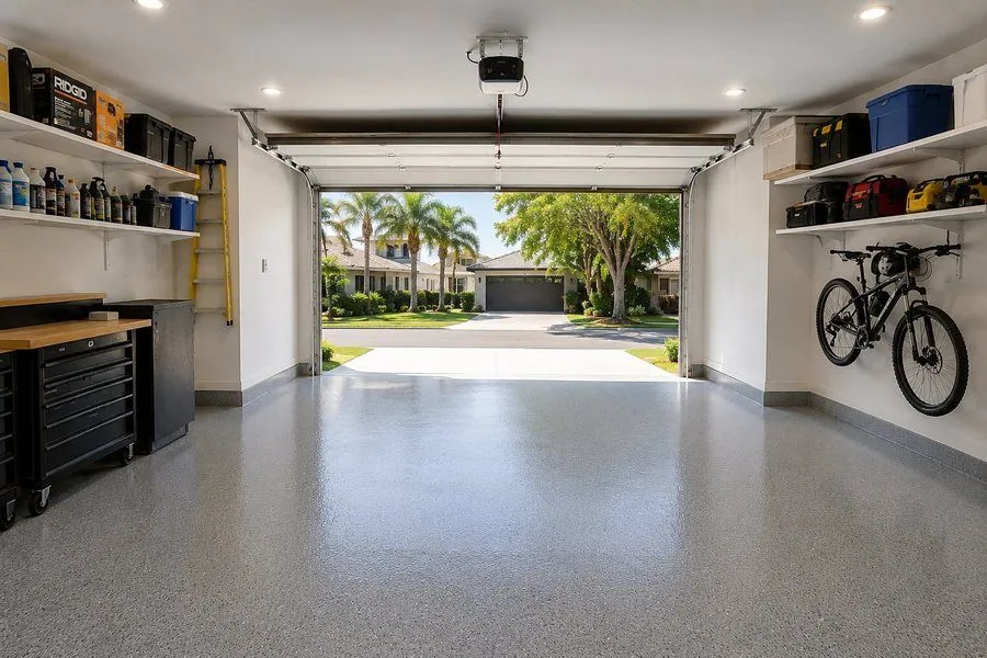 Grey epoxy flake garage floor in a Brisbane garage with the door open