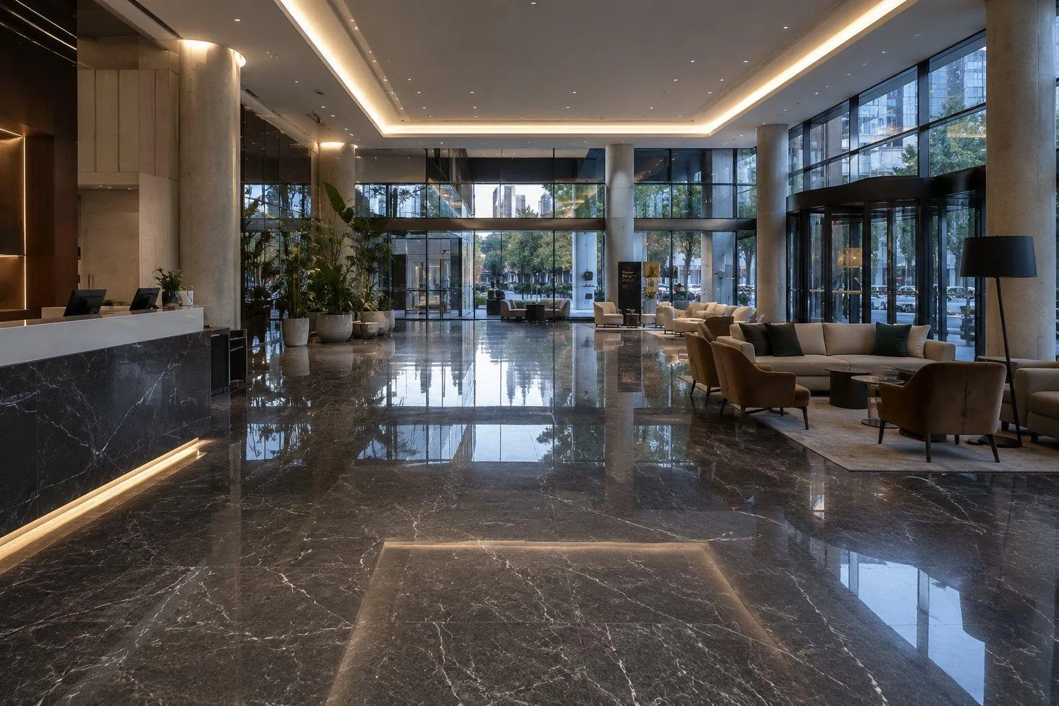 Polished stone commercial floor in a Brisbane lobby