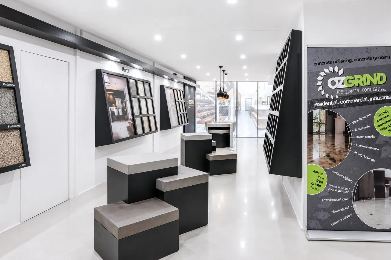OzGrind showroom concrete colour and aggregate sample displays, Brisbane