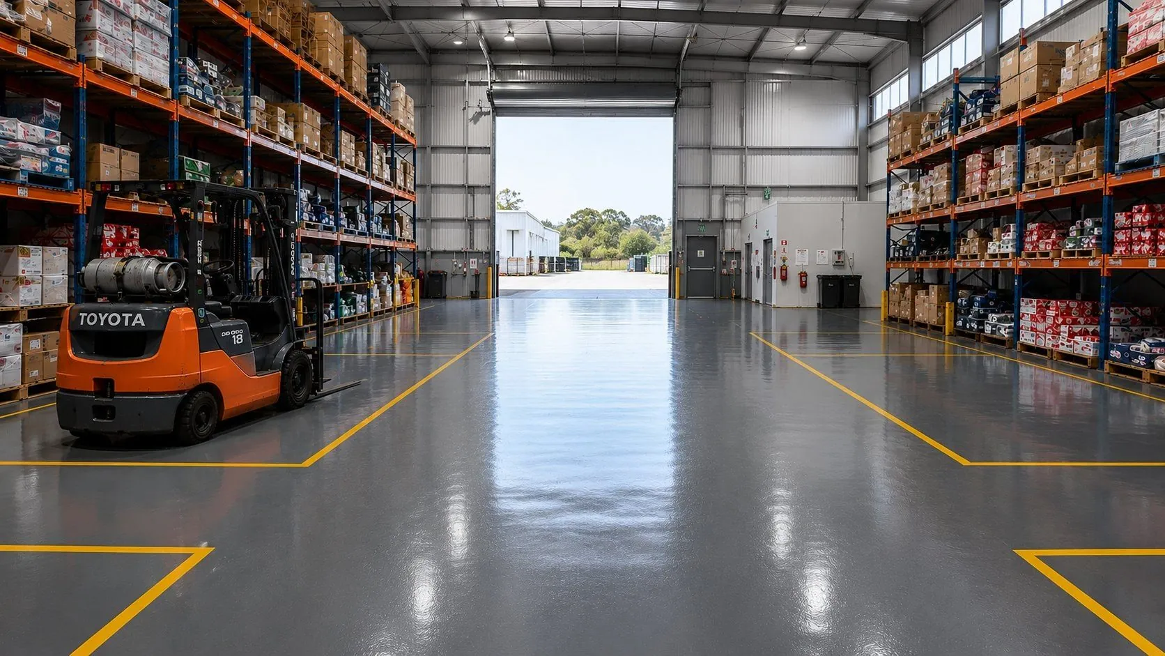Epoxy flooring with yellow line marking in a Sunshine Coast warehouse