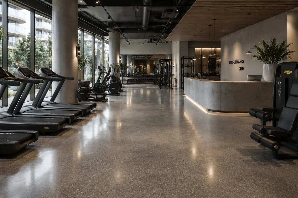 Reflective commercial polished concrete floor in a modern Brisbane performance-club gym with fitness equipment