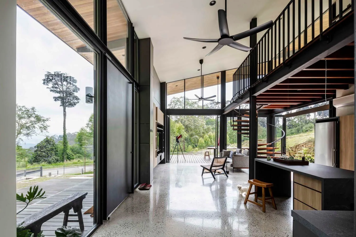 Residential polished concrete floor in a modern Sunshine Coast hinterland home with indoor-outdoor living