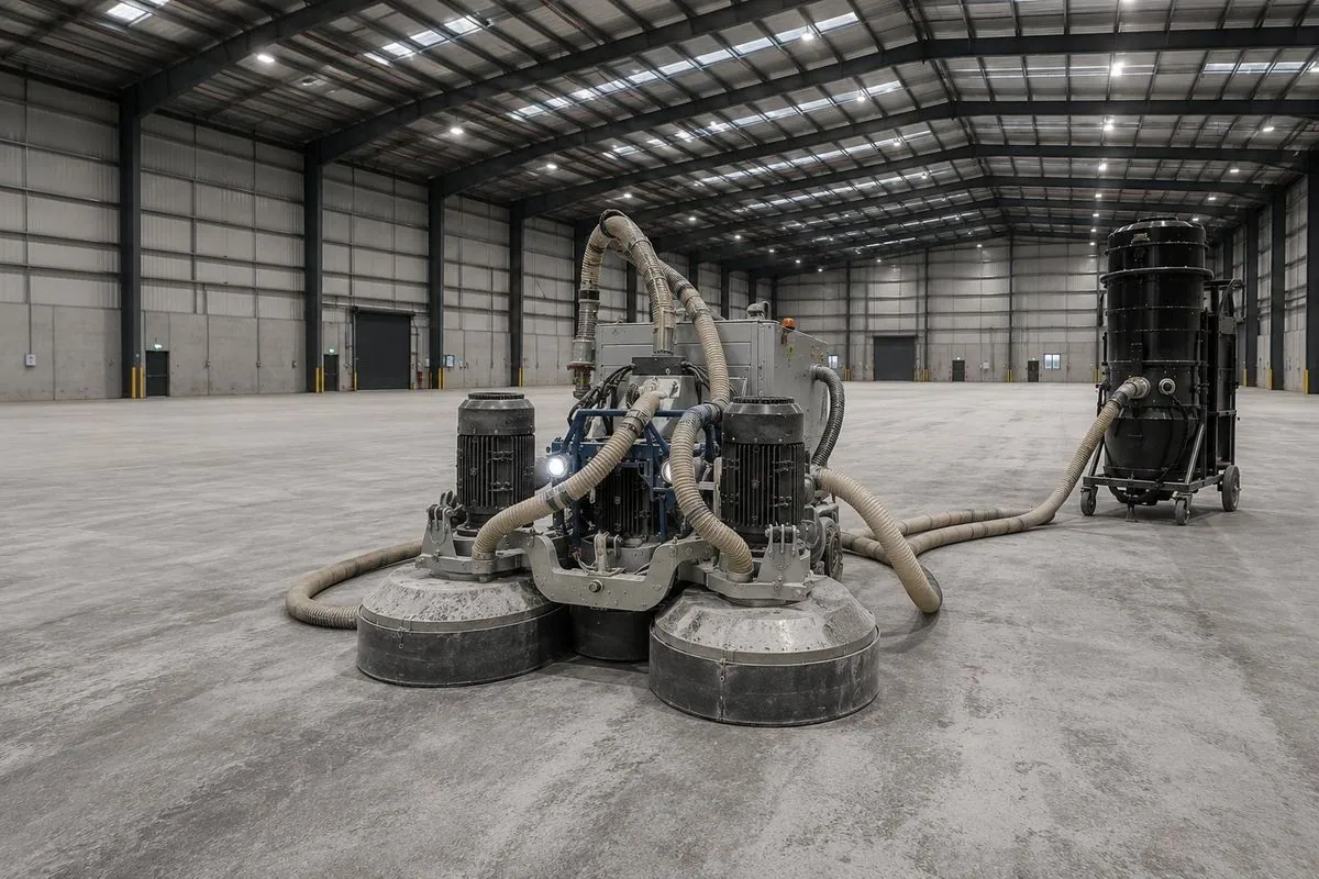 OzGrind triple-head industrial concrete grinder warehouse Brisbane