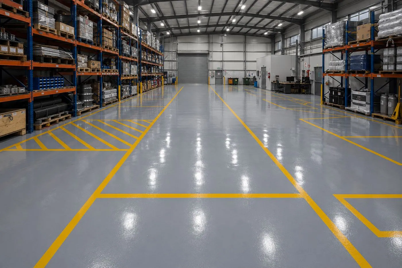 Epoxy warehouse floor with safety line marking in Brisbane