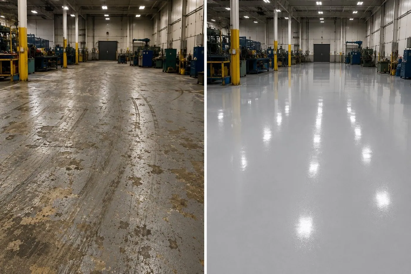 Before and after factory floor epoxy restoration and make good Before and after factory floor epoxy restoration and make good