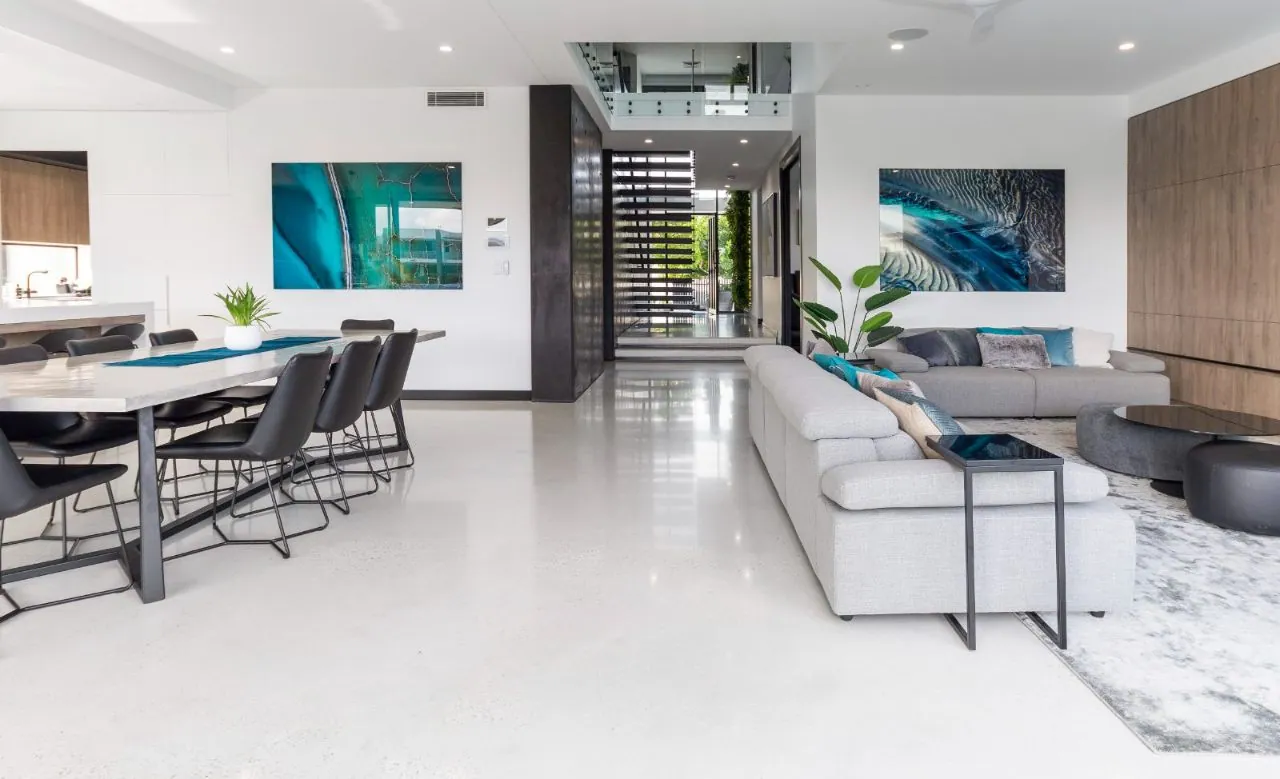 Nil exposure polished concrete through an open-plan living and dining area