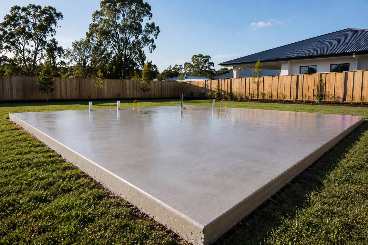Freshly sealed concrete slab in a Brisbane backyard