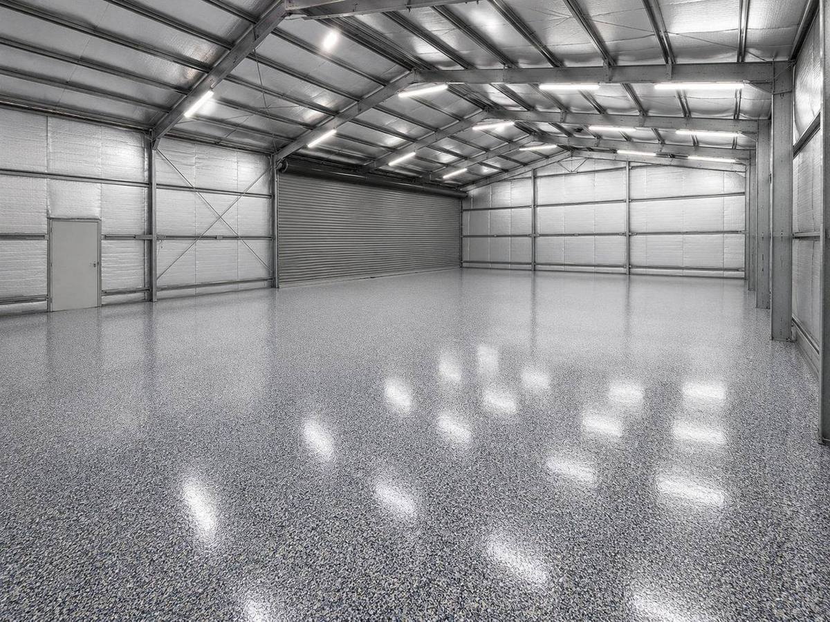 Epoxy flake floor in a Brisbane shed, decorative speckled flake factory flooring