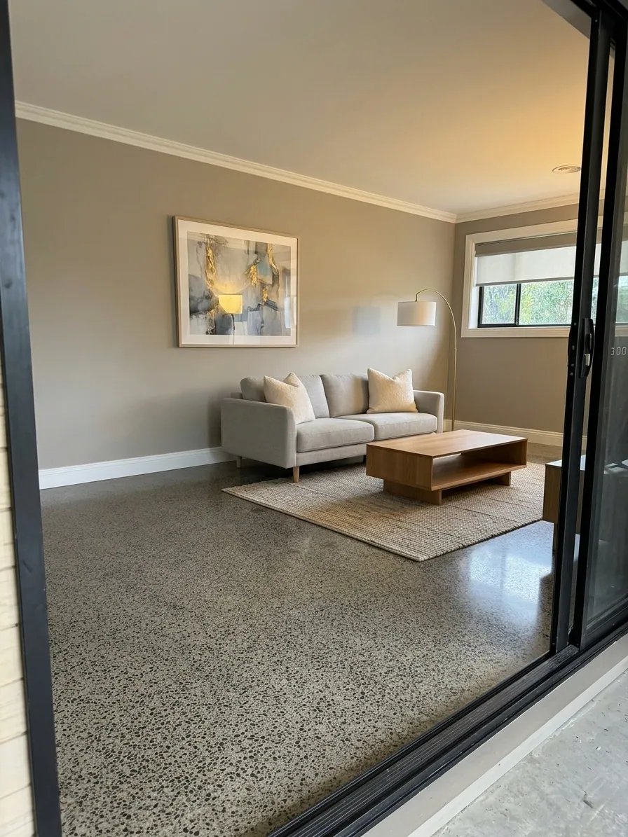 Full-exposure hybrid polished concrete living room floor by OzGrind in Brisbane