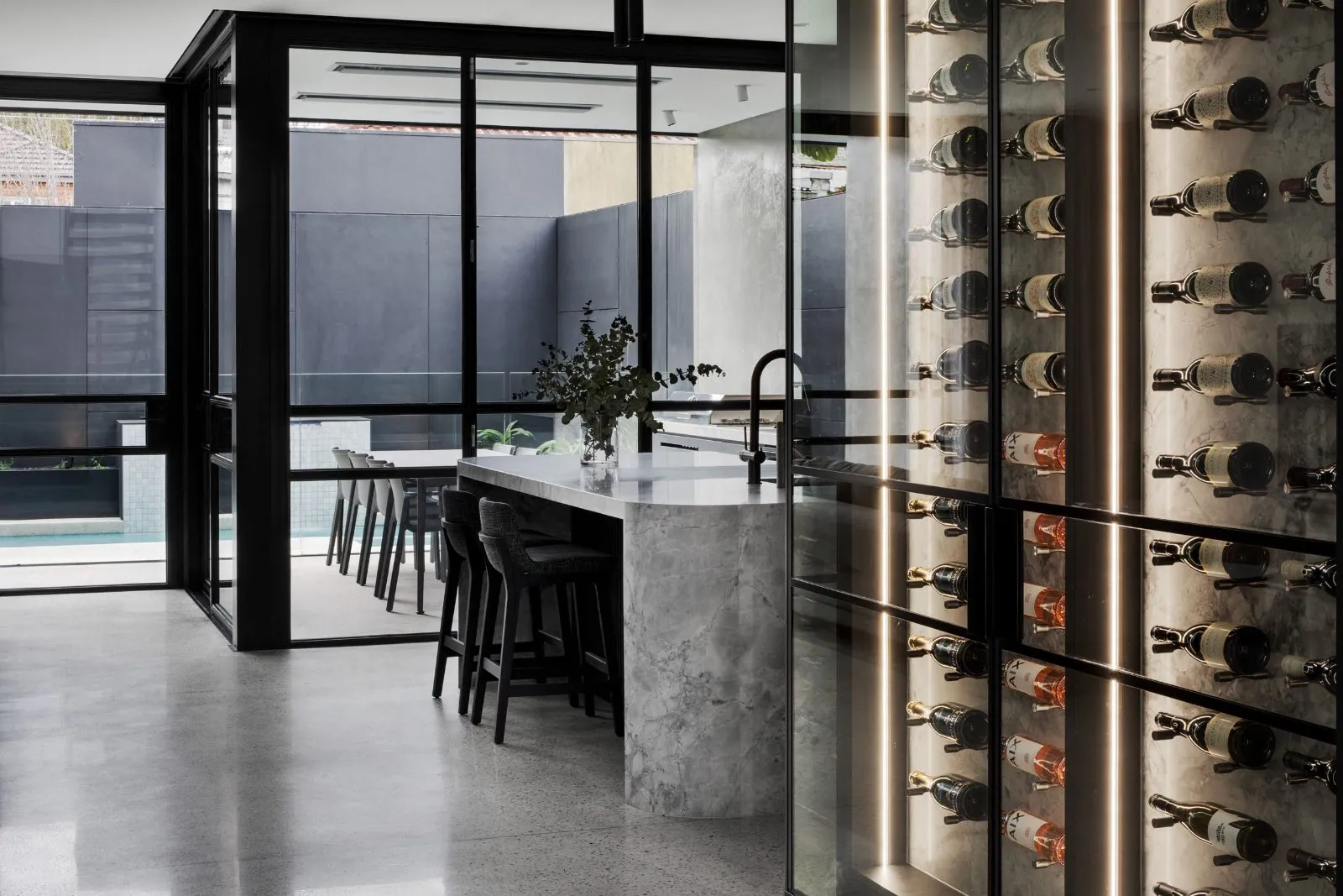 Mechanically polished concrete kitchen floor with wine cellar Brisbane