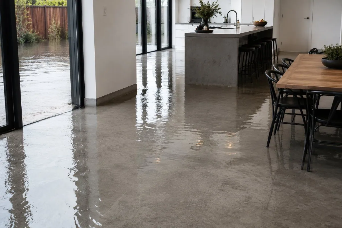 Polished hybrid concrete floor in an open-plan kitchen and dining room with floodwater held on the surface and outside the glass doors - Brisbane by OzGrind
